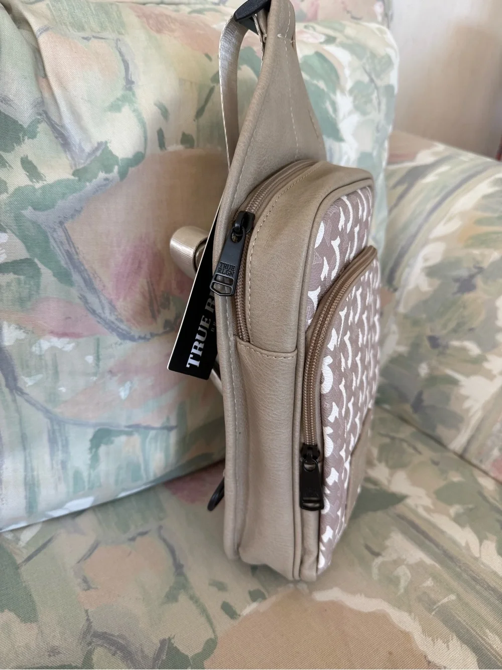 True Religion Monogram Sling Bag Crossbody Chest Pack Beige Taupe